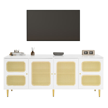 Eleganter Weißer Rattan-TV-Schrank 180x40x72 cm - Mit 4 Rattantüren, Höhenverstellbaren Regalen und Kabelmanagement, Für bis zu 80 Zoll Fernseher,TV-Schränke,Lowboards