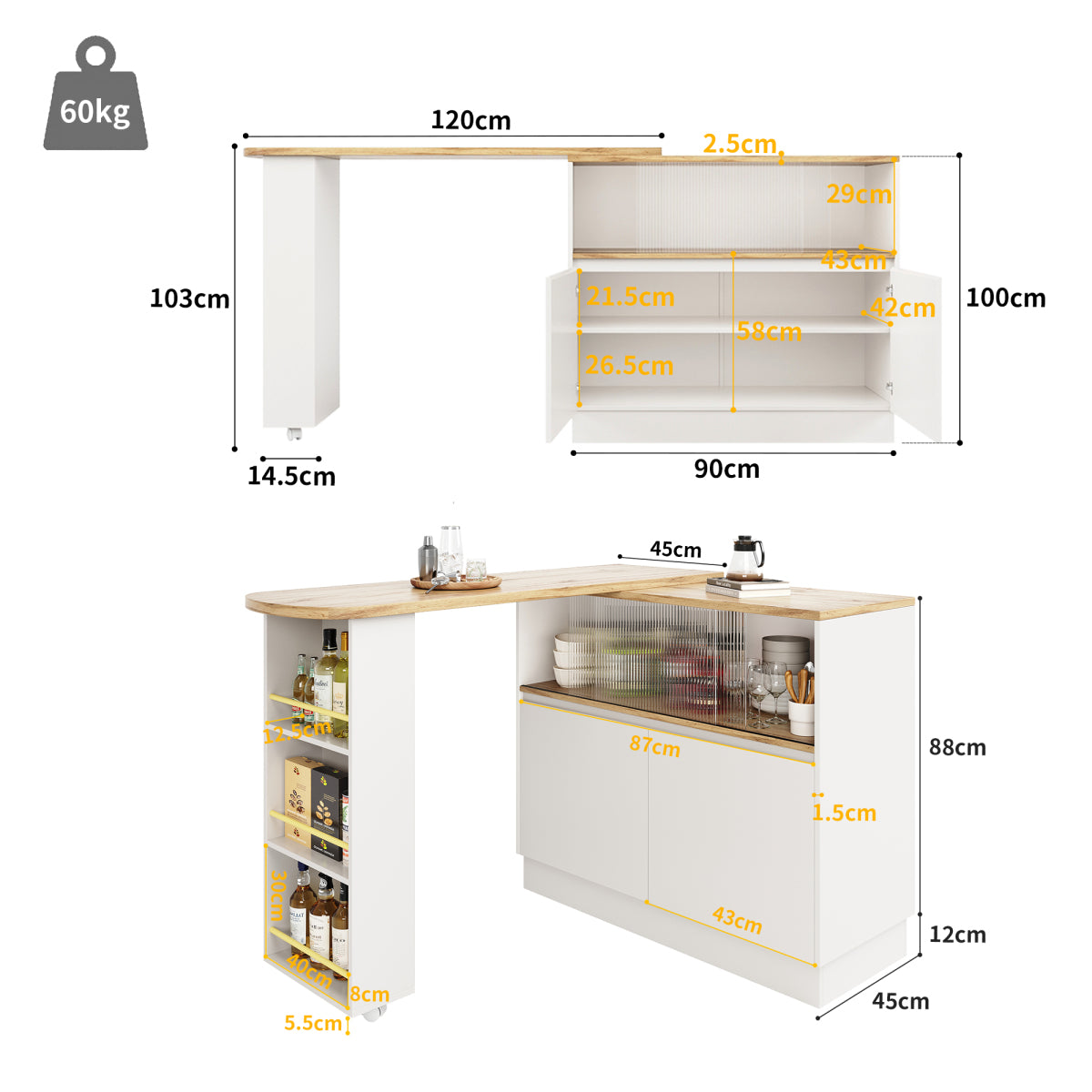 (N620P20771617W)Um 360° drehbare Essbar (Hauptkörper 90 x 45 x 100 cm), modernes, einfaches, multifunktionales, drehbares Sideboard mit Ablageflächen und Glas, geeignet für Küchen und Restaurants