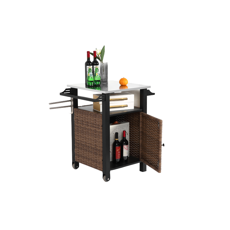 Single door bar cart,Outdoor Kitchen Wicker Island Rolling Cart & Storage Cabinet, Wheels and Stainless Steel Extended Table Top, Side Handle for Patio Kitchen or Bar Cart, Brown