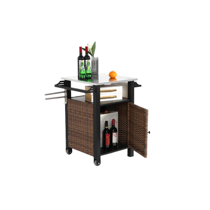 Single door bar cart,Outdoor Kitchen Wicker Island Rolling Cart & Storage Cabinet, Wheels and Stainless Steel Extended Table Top, Side Handle for Patio Kitchen or Bar Cart, Brown