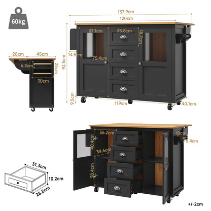 Kücheninsel Küchenwagen auf Rollen 120x73x93cm ausziehbarer Küchenschrank Buffetschrank mit Gewürzregal Handtuchhalter 2 Türen 4 Schubladen Schwarz