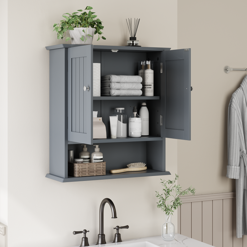 Badezimmerschrank Wandregal mit 2-Türen, hellgrau