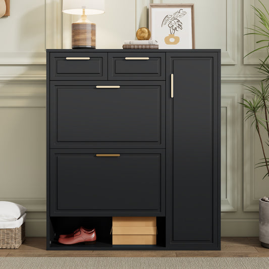Moderne Schuhschrank, mit verstellbaren Regalen, goldenen Griffen, Schubladen, Klappschuhschrank und Türen,  Schwarz, B95/D24/H107