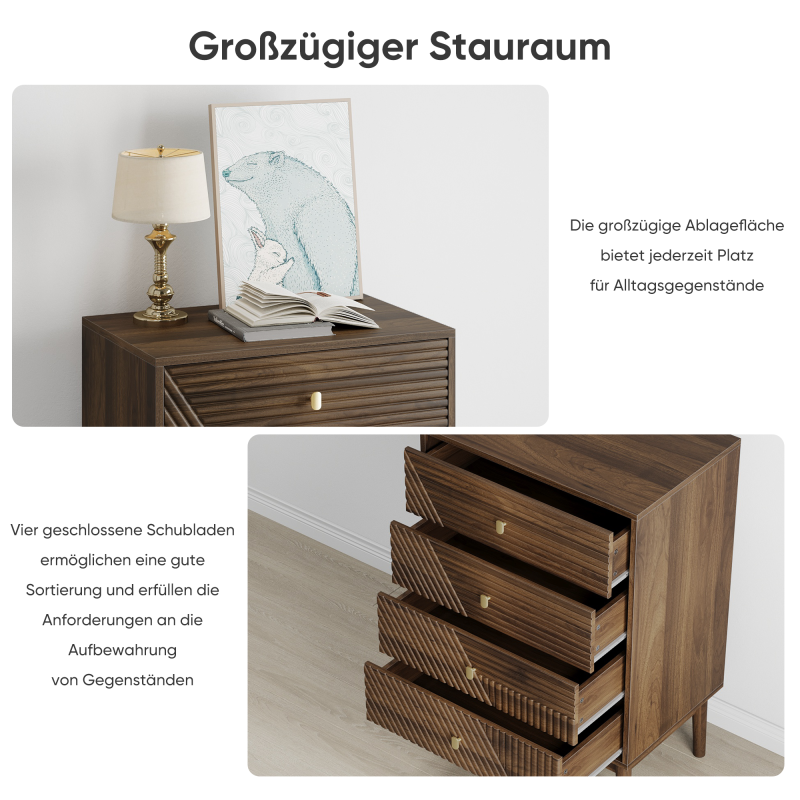 Kommode mit 4 Schubladen, Aufbewahrungsschrank aus Holz, Frisiertisch-Aufbewahrungsschrank für Wohnzimmer, Schlafzimmer, Flur, Walnuss