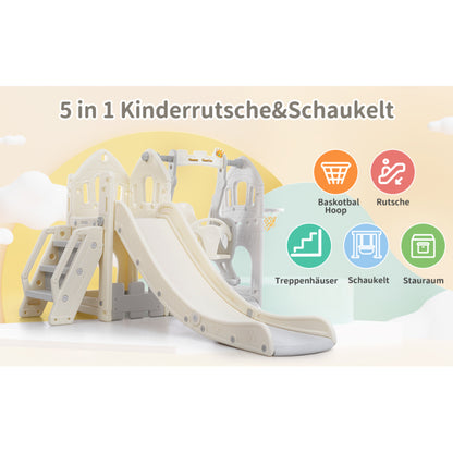 Kinderrutschen-Set mit Schaukel,5 in 1 Kinderrutsche, Rutsche, Klettern, Stauraum, Schaukel, Basketballrahmen ,Schaukel Rutsche für Indoor
