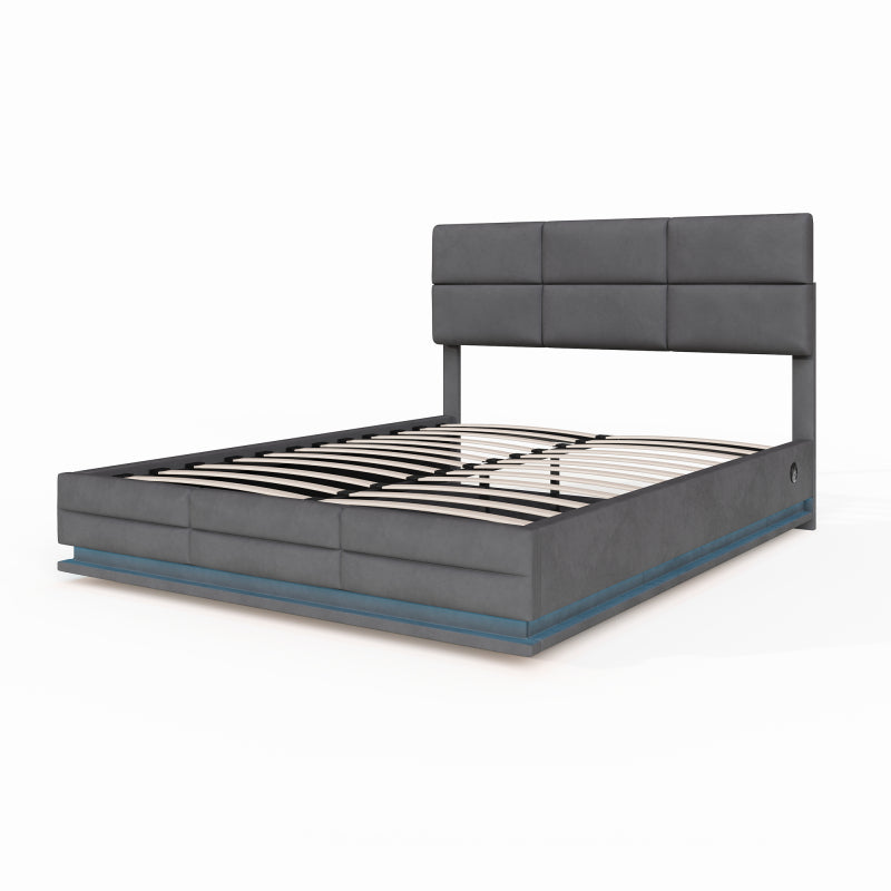 160 x 200 cm Bettgestell aus weichem Samt mit USB Type C Ladefunktion und LED Beleuchtung, Hydrauliksystem Stauraum Bettgestell aus Samtmaterial Jugendbett mit Lattenrost, Grau