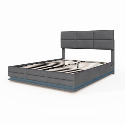 160 x 200 cm Bettgestell aus weichem Samt mit USB Type C Ladefunktion und LED Beleuchtung, Hydrauliksystem Stauraum Bettgestell aus Samtmaterial Jugendbett mit Lattenrost, Grau