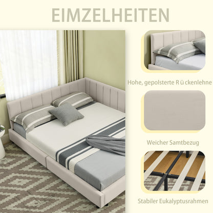 Doppelbett 140×200 cm aus Samt mit hoher Rückenlehne, stabiles Bettgestell aus Holz & Metall, ideal für Schlafzimmer & Gästezimmer, Beige (ohne Matratze)