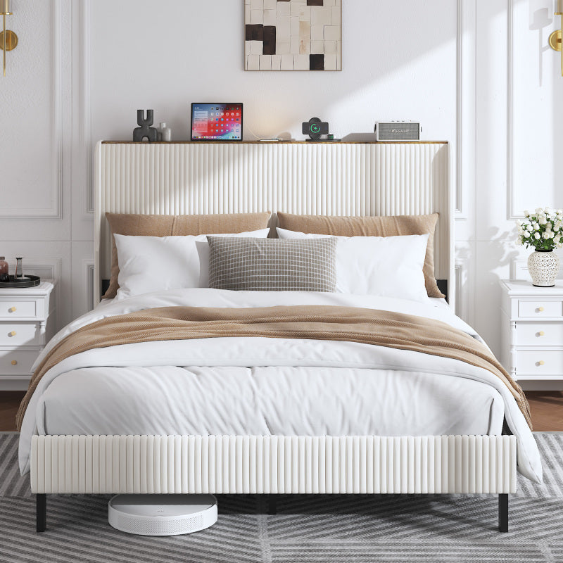 Bettrahmen gepolstertes Plattformbett mit Stoffköpfchen, Flügelkantendesign/Nicht-Rutscht- und Rauchfreien/Metalllatten/No BoxSpre 160*200