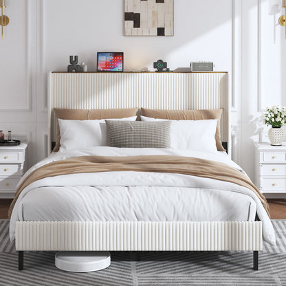 Bettrahmen gepolstertes Plattformbett mit Stoffköpfchen, Flügelkantendesign/Nicht-Rutscht- und Rauchfreien/Metalllatten/No BoxSpre 160*200