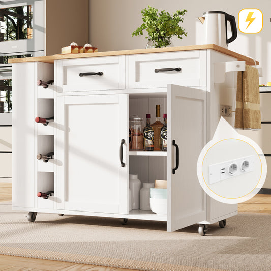 Kücheninsel, Küchenwagen mit Steckdosenleiste ausgestattet, Küchenschrank, Abnehmbare Servierwagen mit Weinregal,buffetschrank, Speisewagen mit Holzmaserung, buffetschrank, weiß