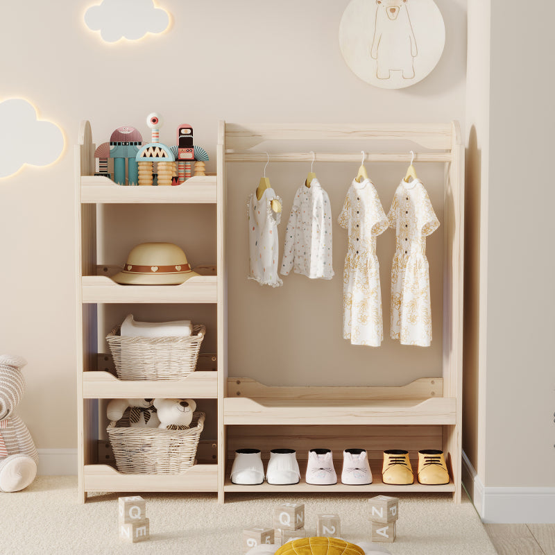 Kindergarderobe/Kinderkleiderschrank mit Kleiderstange & 4 Regalen, Aufbewahrung für Kinderzimmer, Standgarderobe Naturholz, 110*39*110 cm