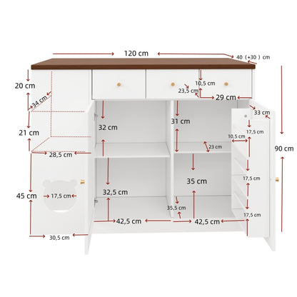 Kücheninsel, Küchenwagen & Sideboard mit Schubladen, Gewürzregal, Haustierfressbereich (ohne Katzensteller), Weiß + Nussbaumfarbe