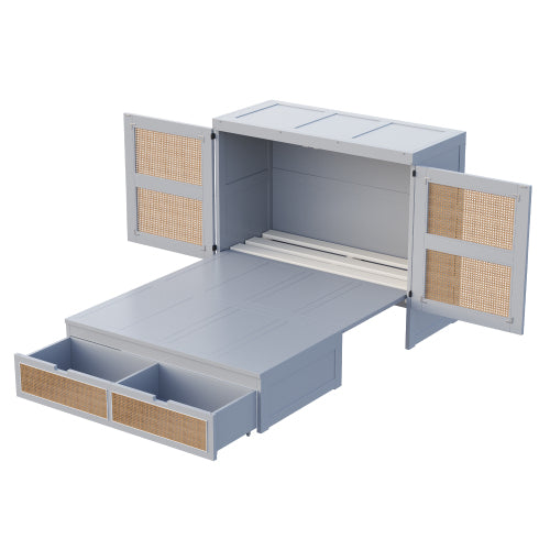 Schrankbett 140 x 200 cm, Wandbett mit Lattenrost, Wandklappbett, Rattan-Design, Holzbetten, Jugendbetten, Einzelbetten, Grau