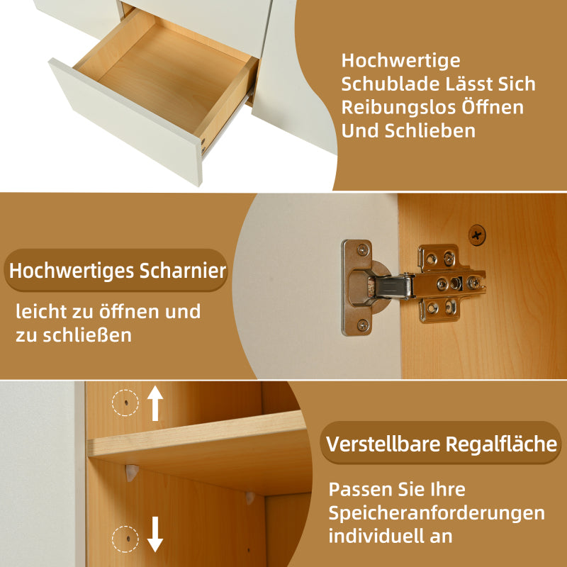 Multifunktionales Sideboard, Länge 140 cm, weiß und Holzimitat - 2 Türen, 3 Schubladen, 2 offene Fächer, mit LED-Beleuchtung