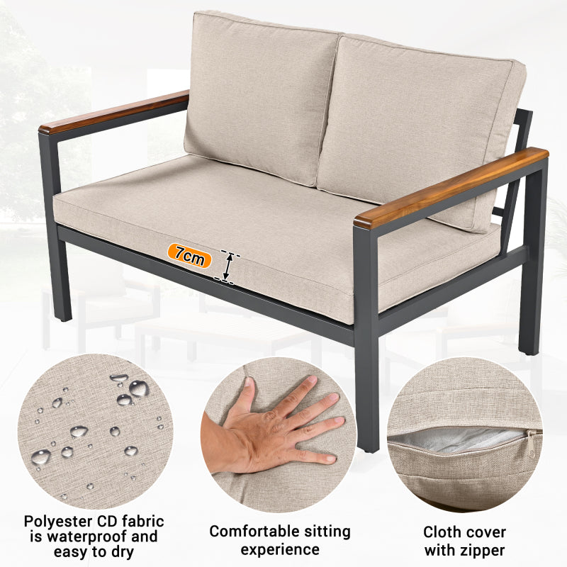 Loungeset, Gartenmöbel-Set mit Rahmen aus verzinktem Stahl, (breites Set, 4-teiliges Esstisch-Set, 1x 2-Sitzer-Sofa, 2x Einzelstühle, 1x Tisch), Akazienholz Tischplatte und Armlehnen,Beige