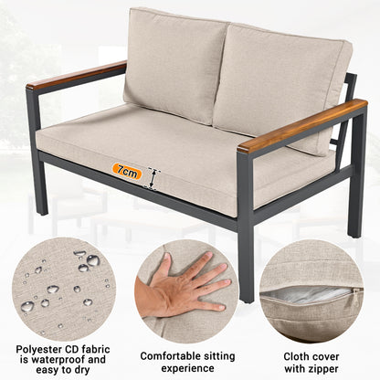 Loungeset, Gartenmöbel-Set mit Rahmen aus verzinktem Stahl, (breites Set, 4-teiliges Esstisch-Set, 1x 2-Sitzer-Sofa, 2x Einzelstühle, 1x Tisch), Akazienholz Tischplatte und Armlehnen,Beige