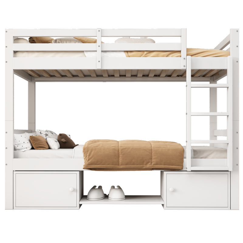 Etagenbett für Kinder, Kinderbett mit Schuhregale und Schließfächer, Bett aufgeteilt in 2 Einzelbetten, Jugendbett, Einzelbett, Weiß, 90x200cm.