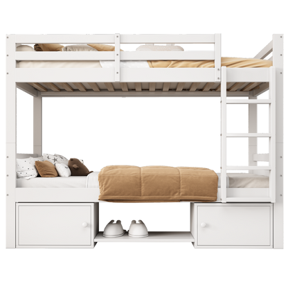 Etagenbett für Kinder, Kinderbett mit Schuhregale und Schließfächer, Bett aufgeteilt in 2 Einzelbetten, Jugendbett, Einzelbett, Weiß, 90x200cm.