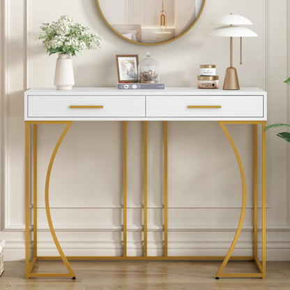 Konsolentisch,Flurtisch mit 2 Schublade ,Leichter Luxus-Stil Beistelltisch, Weiß/Gold