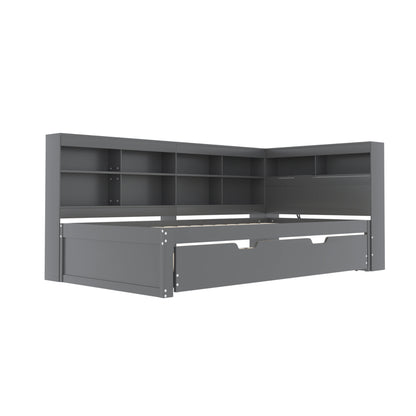Multifunktions-Schlafsofa 90x200 & 90x190 Ausziehbar - Massivholz Grau mit USB-Anschluss, Stauraum & Ablagefächern - Praktisches Einzelbett, Grau