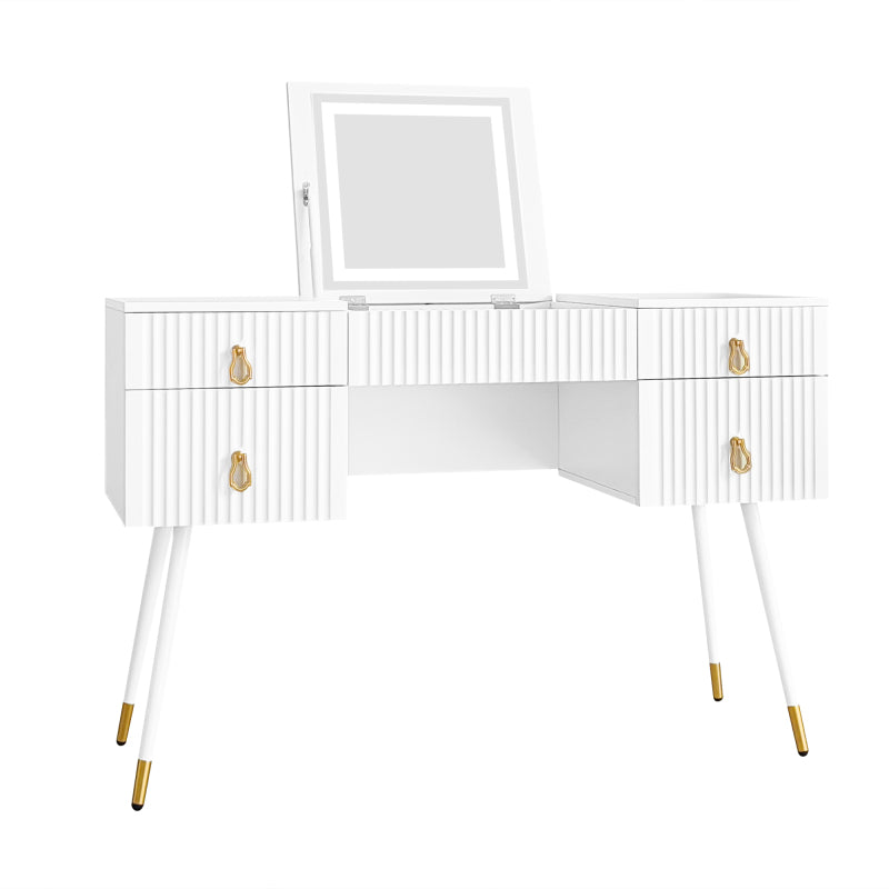 Weißer Schminktisch(Ohne Stühle), Enthält LED-Spiegel mit einstellbarer Helligkeit, luxuriösem vergoldetem Zubehör und mehreren Stauräumen, mit 4 Schubladen, Schreibtisch univer, Weiß