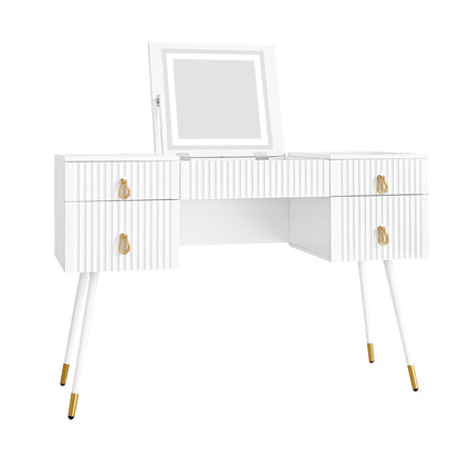 Weißer Schminktisch(Ohne Stühle), Enthält LED-Spiegel mit einstellbarer Helligkeit, luxuriösem vergoldetem Zubehör und mehreren Stauräumen, mit 4 Schubladen, Schreibtisch univer, Weiß