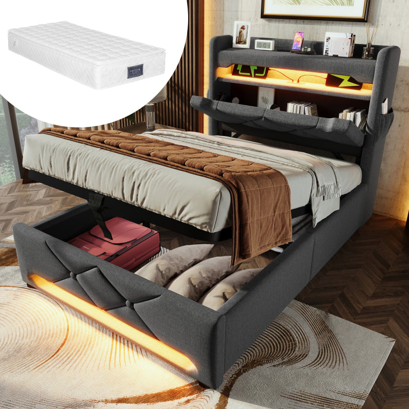 Polsterbett Doppelbett 180*200, Stauraum Kopfteil mit USB und Typ C-Port ,360-Surround-LED-Funktion rund um Kopf- und Fußende des, Betten mit Hydraulisch Stauraum, Grau , Leinen(Ohne Matratze)