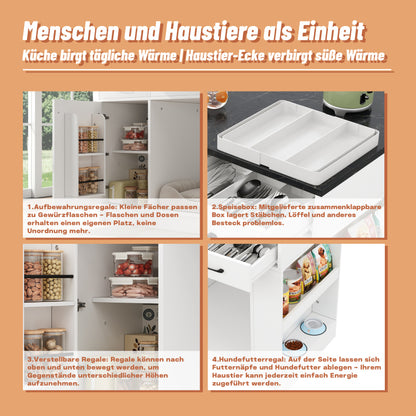 Kücheninsel, verstellbare Glasplatte, Doppelablage (ohne Hundefutter Teller), geräumiger Haustier Aufbewahrung Bereich (ohne Hundekissen), weiß