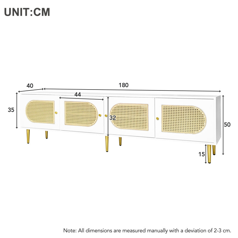 Weißer Rattan-TV-Schrank 180x40x50 cm - 4 Rattan-Türen, verstellbare Einlegeböden und Kabelmanagement für Fernseher bis 80 Zoll, TV-Schrank,Lowboards