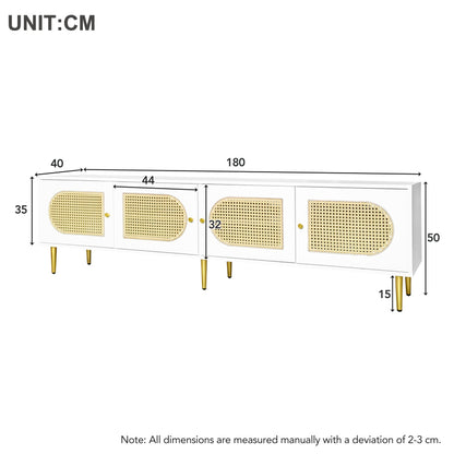 Weißer Rattan-TV-Schrank 180x40x50 cm - 4 Rattan-Türen, verstellbare Einlegeböden und Kabelmanagement für Fernseher bis 80 Zoll, TV-Schrank,Lowboards