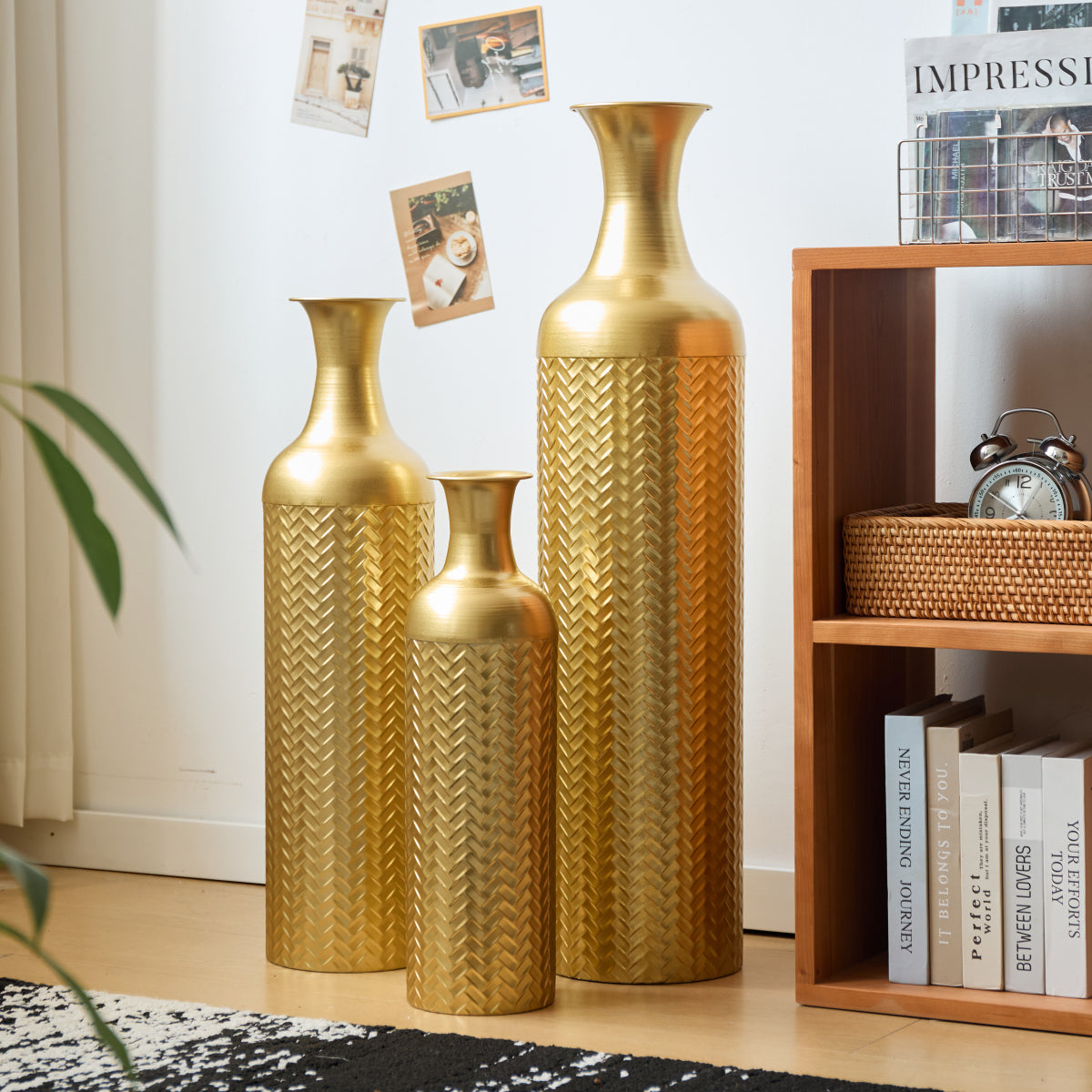 3er Set Bodenvase Metall, Gold, Retro Stil, Hohe Dekovasen 83/65/50 cm