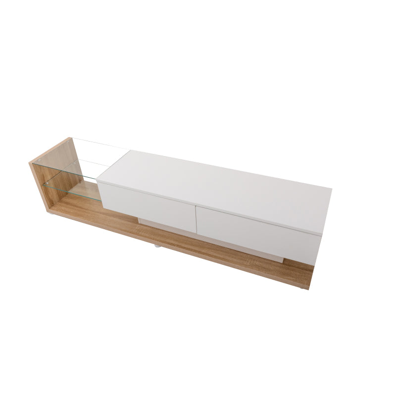 TV-Schränke, Lowboards, Kombination aus Hochglanzweiß und Holzfarben. Glastrennwände und variable LED-Beleuchtung. Es kombiniert natürlichen Landhausstil mit modernem Design.