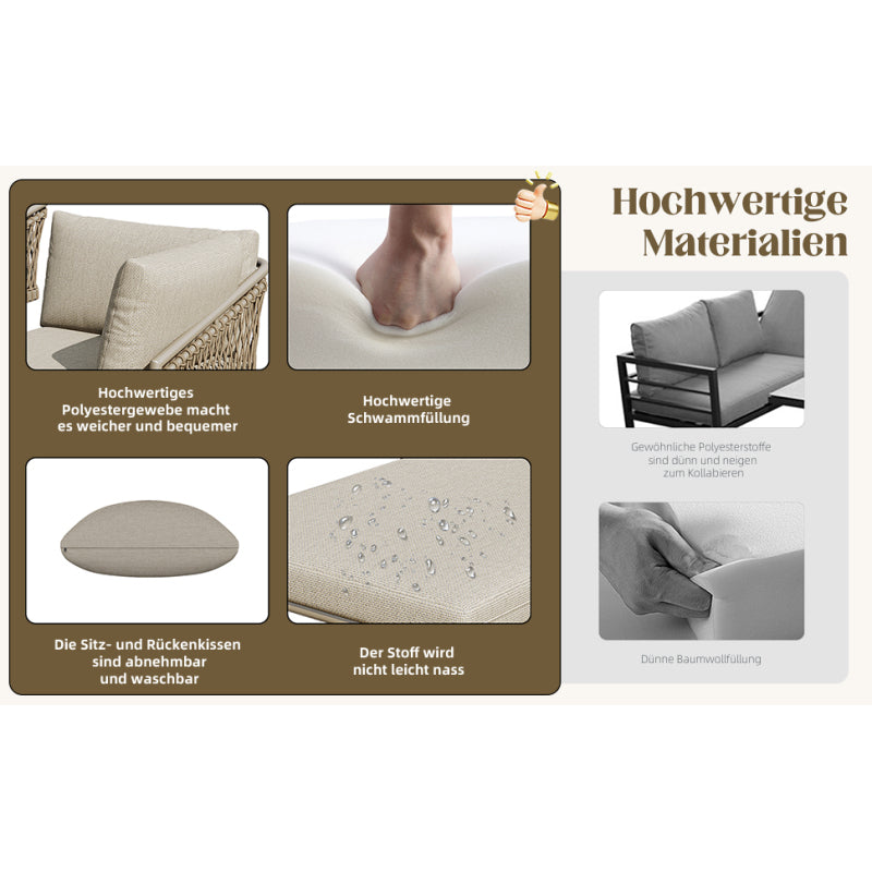 Garten Lounge Set, Seil Gartenmöbel Set, Modernes Outdoor Sofa Set Handgewebtes Seil, Inklusive Aller Sitz- Und Rückenkissen, Balkonset, Garten Und Terrasse, Khaki