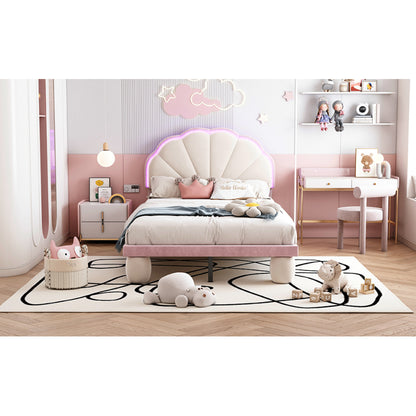 Polsterbett mit mehrfarbigen, wechselnden LED Lichtstreifen, Kopfteil mit Wellenschliff, mit gepolsterter runden Beine, Kinderbett mit Holzlatten, Einzelbett, Samt, Beige+Rosa, 90x200cm
