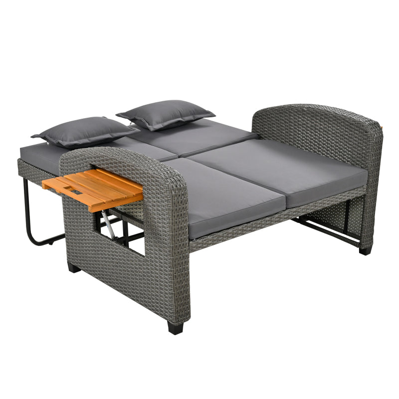 Garten-Lounge-Sessel-Set für 2 Personen, graues Rattan, verstellbare Rückenlehne, Stützfuß, mit Fußhocker oder als Outdoor-Bett nutzbar, mit Rückenkissen und Sitzkissen (previous sku:HW24020AAA)