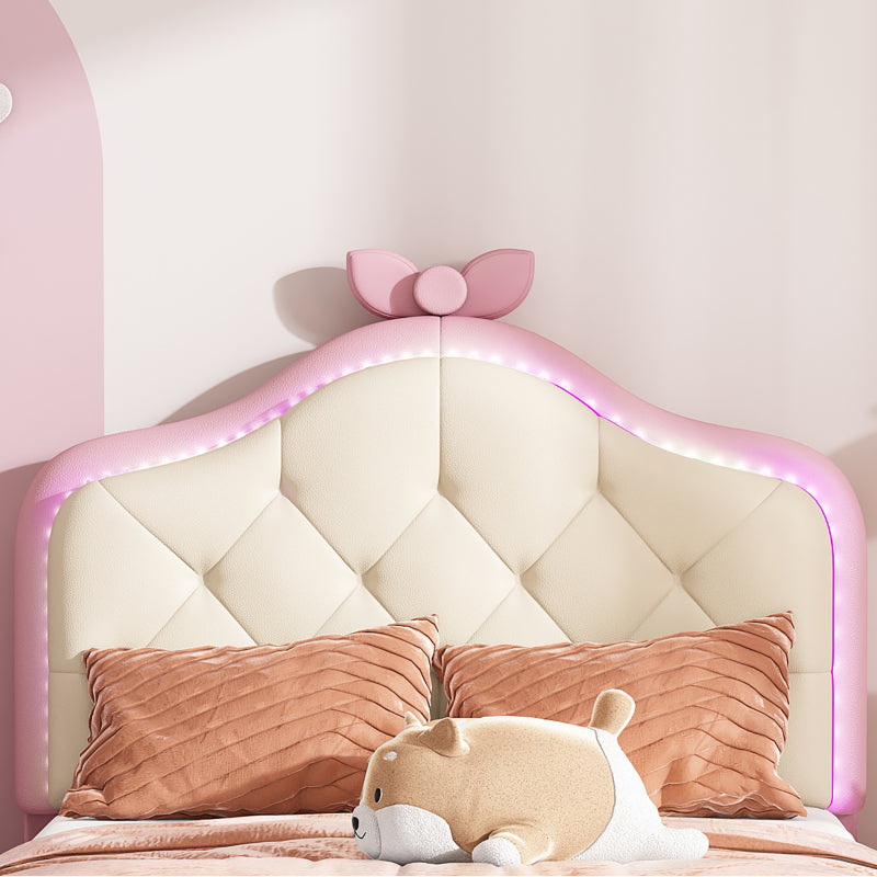 Polsterbett, Einzelbett, Wellenform mit Zugpunkt am Kopfende des Bettes, rosa Schleife, mit mehrfarbigen, wechselnden LED-Streifen, Kinderbett mit Holzlatten, Einzelbett, PU, rosa Bettrahmen, 90x200cm