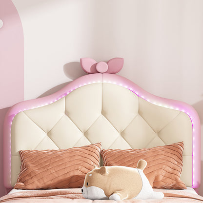 Polsterbett, Einzelbett, Wellenform mit Zugpunkt am Kopfende des Bettes, rosa Schleife, mit mehrfarbigen, wechselnden LED-Streifen, Kinderbett mit Holzlatten, Einzelbett, PU, rosa Bettrahmen, 90x200cm
