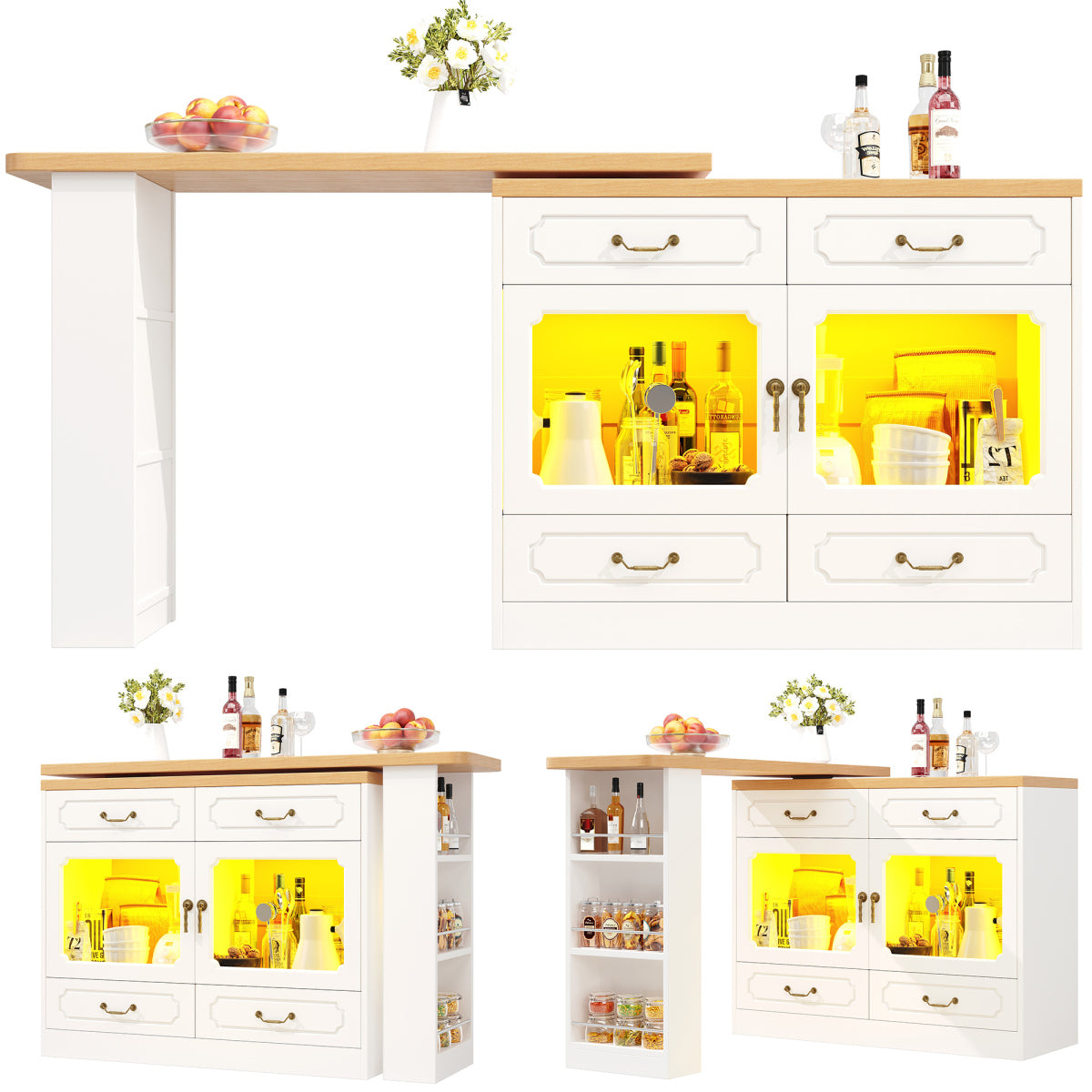Bartisch ausziehbar 135-203cm, 360° drehbarer Stehtisch mit App-LED-Steuerung & Musik-Modus, Weißer Hochtisch mit 4 Schubladen & Regal