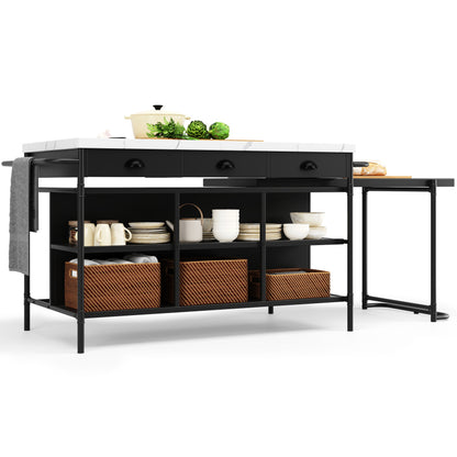 Kücheninseln, Ausziehbare Kunstmarmorplatte Industrial mit 3-Schubladen, Multifunktionales Küchen- und Esszimmer-Möbel, Kücheninsel Küchenregal Küchewagen Sideboard, MDF Arbeitsplatte Küche Regal