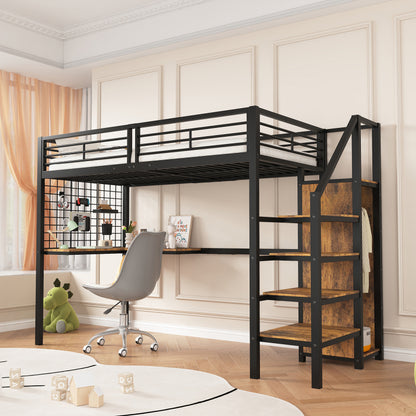 Eisenbett, Etagenbett, Hochbett, Geeignet für Kinder und Jugendliche, mit Tisch und Kleiderschrank, Seitenleiter mit Handlauf, Eisen+Spanplatte, Schwarz+dunkle Holzfarbe, 90x200cm