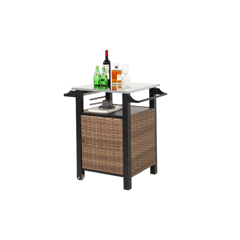 Single door bar cart,Outdoor Kitchen Wicker Island Rolling Cart & Storage Cabinet, Wheels and Stainless Steel Extended Table Top, Side Handle for Patio Kitchen or Bar Cart, Brown