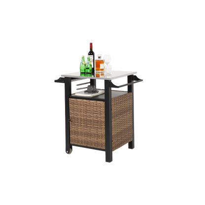 Single door bar cart,Outdoor Kitchen Wicker Island Rolling Cart & Storage Cabinet, Wheels and Stainless Steel Extended Table Top, Side Handle for Patio Kitchen or Bar Cart, Brown