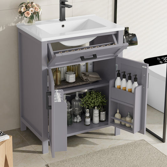Bodenstehender Badezimmerschrank mit Waschbecken,Waschtisch,Volllackierung, integriertes Keramik Waschbecken,Grau