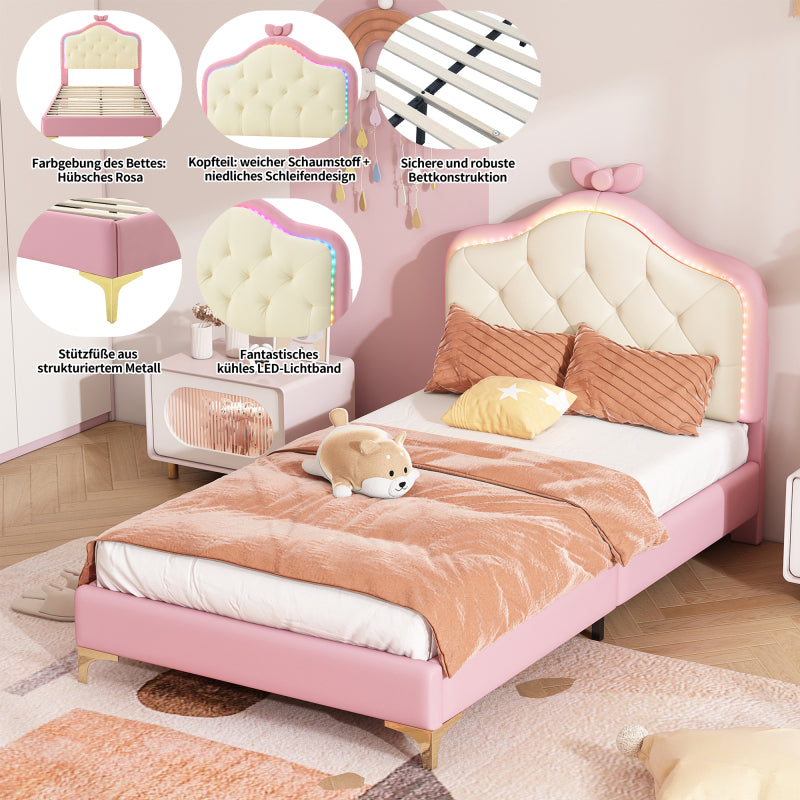 Polsterbett, Einzelbett, Wellenform mit Zugpunkt am Kopfende des Bettes, rosa Schleife, mit mehrfarbigen, wechselnden LED-Streifen, Kinderbett mit Holzlatten, Einzelbett, PU, rosa Bettrahmen, 90x200cm