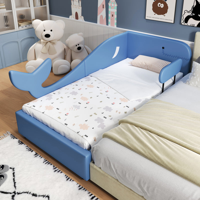 Kinder-Spleißbett, Polsterbett, Tagesbett, Walförmiges Design, Schlafsofa mit Metallbettgestell, 2 Schubladen auf Rollen, PU+MDF+Sperrholz, Blau, 90x200cm