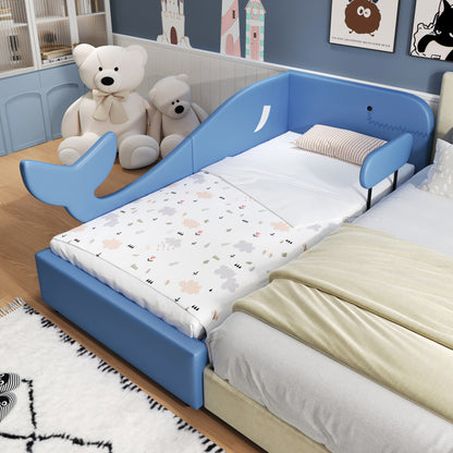 Kinder-Spleißbett, Polsterbett, Tagesbett, Walförmiges Design, Schlafsofa mit Metallbettgestell, 2 Schubladen auf Rollen, PU+MDF+Sperrholz, Blau, 90x200cm