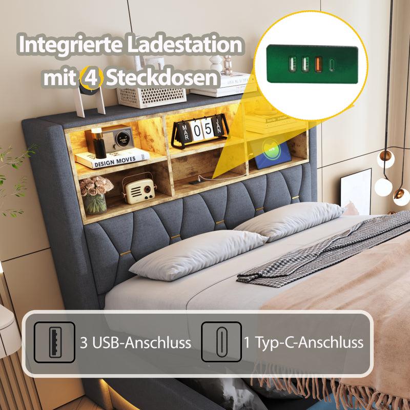 Polsterbett 140×200  mit hydraulischem Stauraum APP-gesteuertes LED-Lichtband USB-Ladeanschluss Metall-Lattenrost Leinenpolsterung Grau