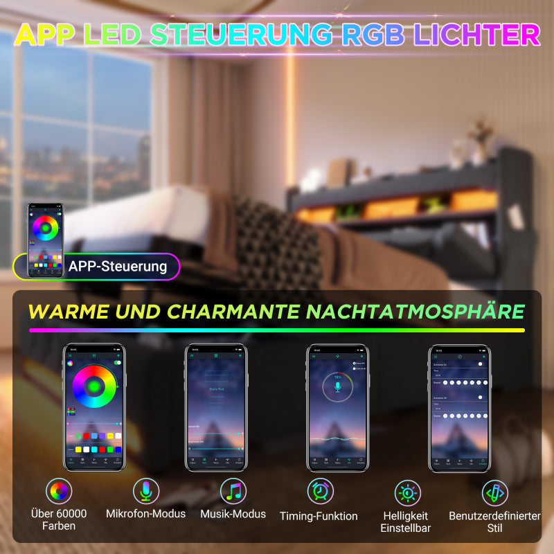 Polsterbett Doppelbett 180*200, Stauraum Kopfteil mit USB und Typ C-Port ,360-Surround-LED-Funktion rund um Kopf- und Fußende des, Betten mit Hydraulisch Stauraum, Grau , Leinen(Ohne Matratze)