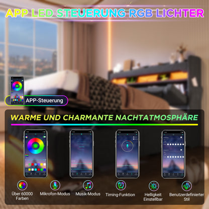 Polsterbett Doppelbett 180*200, Stauraum Kopfteil mit USB und Typ C-Port ,360-Surround-LED-Funktion rund um Kopf- und Fußende des, Betten mit Hydraulisch Stauraum, Grau , Leinen(Ohne Matratze)